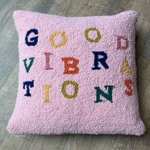 Wool hooked pillow, velvet backing.  16” square. Good Vibrations Beach vibes